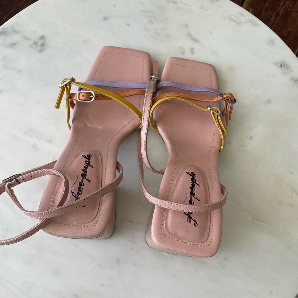 Free People Multicolor Strappy Block Heel Sandals - Pink, Yellow, Lavender - Picture 13 of 14